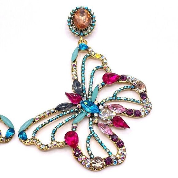 Large Yellow Gold with Colorful Crystal Dangling Post Back Butterfly Earrings - Picture 4 of 9